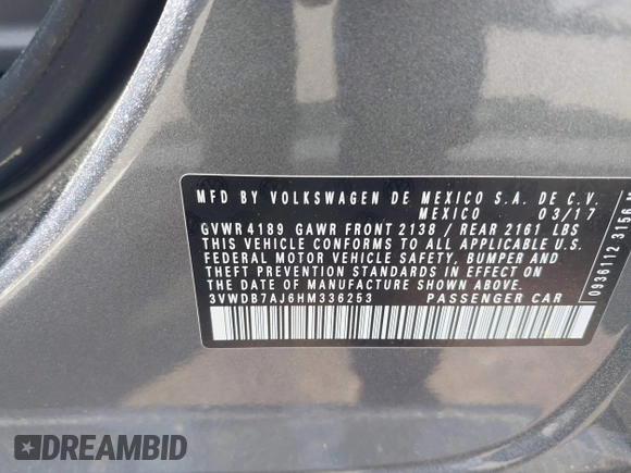 2017 Volkswagen Jetta SE with VIN 3VWDB7AJ6HM336253, listed as a IAAI auction lot 42205788 with 132,767 mi miles and . Bid and sale history available at DreamBid. Image 9.