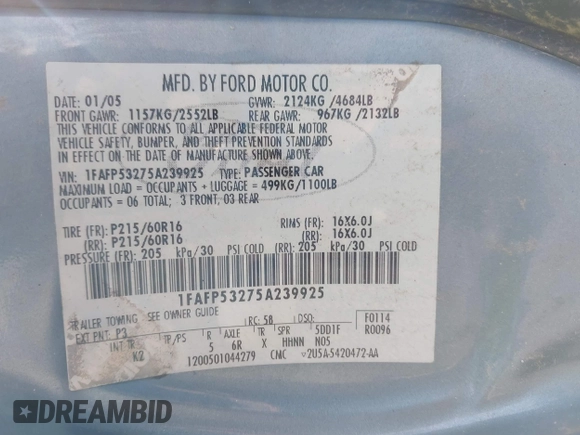 2005 Ford Taurus SE with VIN 1FAFP53275A239925, listed as a IAAI auction lot 42293953 with Not provided miles and . Bid and sale history available at DreamBid. Image 9.