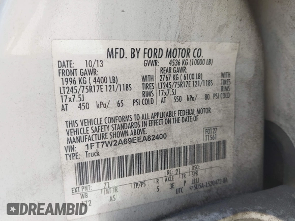 2014 Ford F-250 XL with VIN 1FT7W2A69EEA82400, listed as a IAAI auction lot 42287694 with 188,422 mi miles and . Bid and sale history available at DreamBid. Image 9.