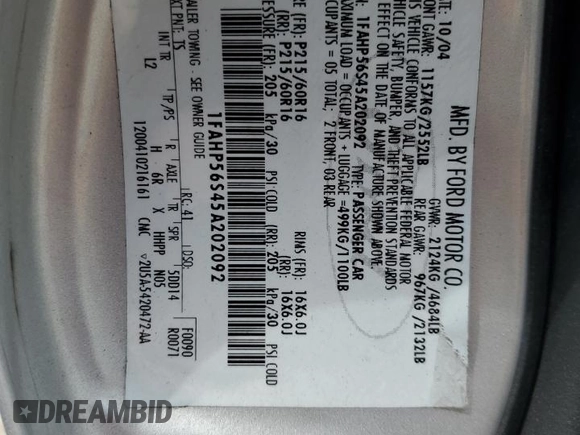 2005 Ford Taurus SEL with VIN 1FAHP56S45A202092, listed as a Copart auction lot 62223514 with Not Provided miles and Non Repairable. Bid and sale history available at DreamBid. Image 12.