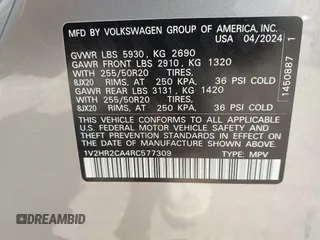 2024 Volkswagen Atlas SE with VIN 1V2HR2CA4RC577309, listed as a IAAI auction lot 42107825 with 25,694 mi miles and . Bid and sale history available at DreamBid. Image 9.