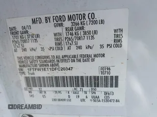 2013 Ford F-150 XL with VIN 1FTFW1ET1DFC20347, listed as a IAAI auction lot 42067294 with 168,596 mi miles. Bid and sale history available at carsss.com. Image 9.