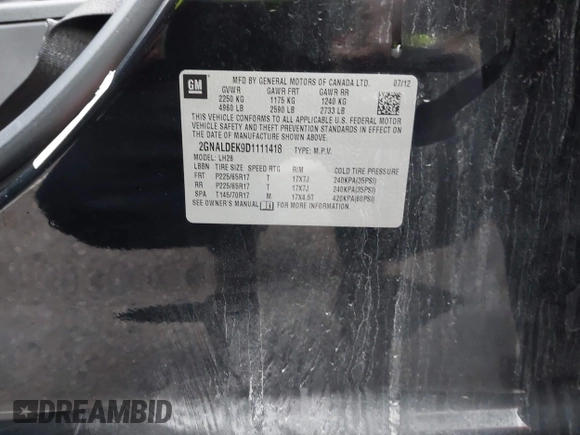 2013 Chevrolet Equinox LT with VIN 2GNALDEK9D1111418, listed as a IAAI auction lot 41940651 with 168,436 mi miles. Bid and sale history available at carsss.com. Image 9.