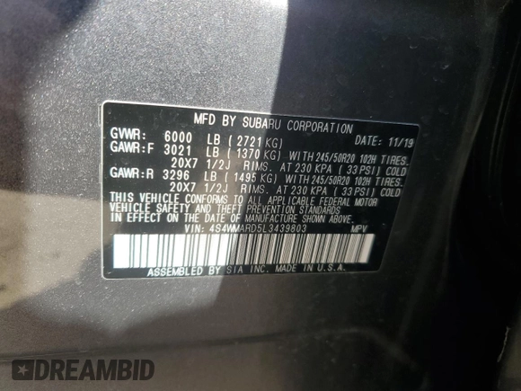 2020 Subaru Ascent Touring with VIN 4S4WMARD5L3439803, listed as a Copart auction lot 56249215 with 78,144 mi miles and Non repairable. Bid and sale history available at DreamBid. Image 14.