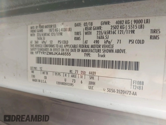 2018 Ford Transit with VIN 1FTYR1ZM6JKA46555, listed as a IAAI auction lot 42216565 with 212,024 mi miles and . Bid and sale history available at DreamBid. Image 9.