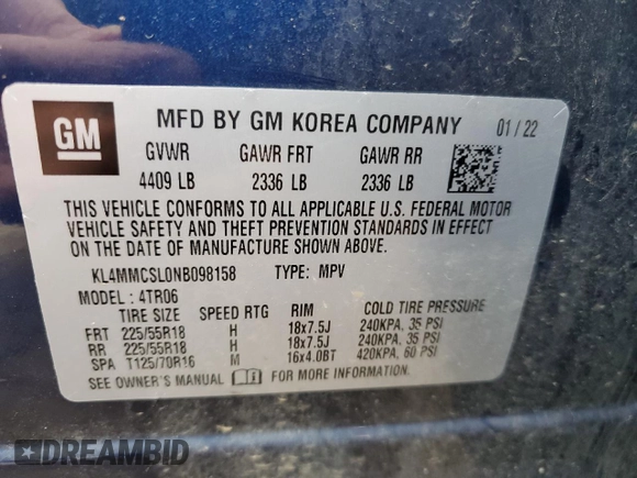 2022 Buick Encore GX Preferred z VIN KL4MMCSL0NB098158, wystawiony jako Copart lot #56724195 z przebiegiem 68 009 mil mil oraz Szkoda całkowita • Salvage title. Historia ofert i sprzedaży dostępna na DreamBid. Obrazek 14.
