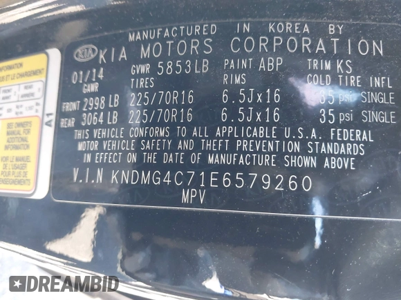 2014 Kia Sedona LX with VIN KNDMG4C71E6579260, listed as a IAAI auction lot 41985403 with 93,523 mi miles. Bid and sale history available at carsss.com. Image 9.