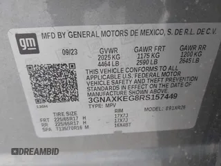 2024 Chevrolet Equinox LT with VIN 3GNAXKEG8RS157449, listed as a IAAI auction lot 42152265 with 39,351 mi miles and . Bid and sale history available at DreamBid. Image 9.