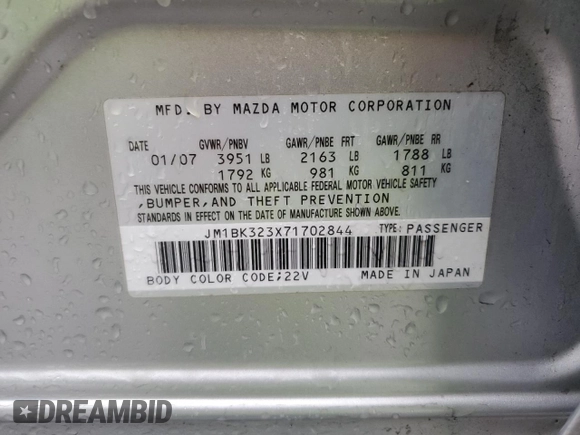 2007 Mazda 3 s Sport with VIN JM1BK323X71702844, listed as a Copart auction lot 44969125 with 226,456 mi miles and Clean Title. Bid and sale history available at carsss.com. Image 14.