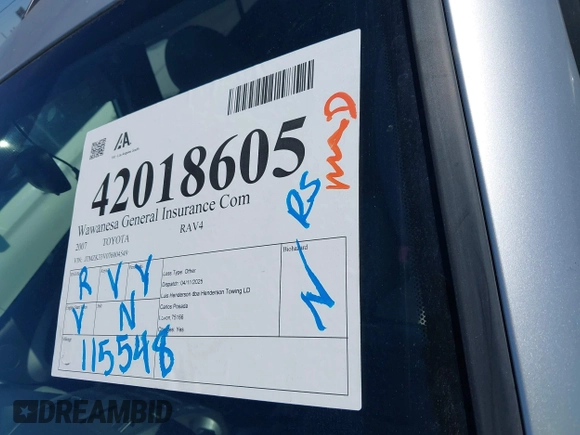 2007 Toyota RAV4 with VIN JTMZK33V076004549, listed as a IAAI auction lot 42018605 with 115,548 mi miles. Bid and sale history available at carsss.com. Image 12.