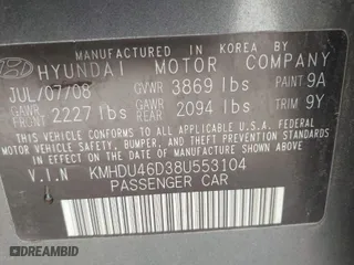 2008 Hyundai Elantra GLS with VIN KMHDU46D38U553104, listed as a IAAI auction lot 41876657 with 183,055 mi miles. Bid and sale history available at carsss.com. Image 9.