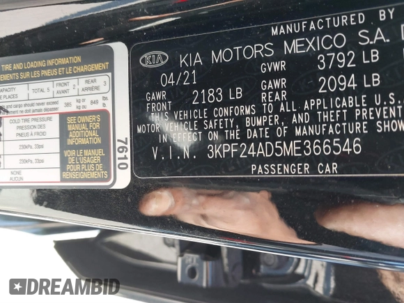 2021 Kia Forte LXS z VIN 3KPF24AD5ME366546, wystawiony jako IAAI lot #41762839 z przebiegiem 23 376 mil mil oraz . Historia ofert i sprzedaży dostępna na DreamBid. Obrazek 9.