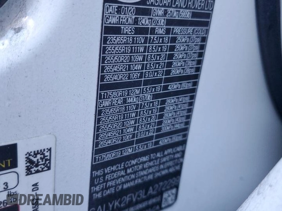 2020 Land Rover Range Rover Velar R-Dynamic S z VIN SALYK2FV3LA272299, wystawiony jako Copart lot #46223925 z przebiegiem 49 587 mil mil oraz Szkoda całkowita • Salvage title. Historia ofert i sprzedaży dostępna na DreamBid. Obrazek 13.
