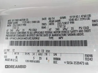 2014 Ford Escape SE with VIN 1FMCU9GX4EUE32062, listed as a IAAI auction lot 42710911 with 68,201 mi miles and . Bid and sale history available at DreamBid. Image 9.