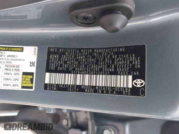 2024 Toyota Corolla LE with VIN 5YFB4MDEXRP149531, listed as a IAAI auction lot 42202627 with 12,170 mi miles and . Bid and sale history available at DreamBid. Image 9.