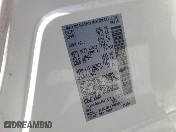 2014 Infiniti QX60 with VIN 5N1AL0MN4EC531785, listed as a Copart auction lot 52046295 with 132,926 mi miles and Clean Title. Bid and sale history available at DreamBid. Image 13.