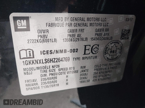 2017 GMC Acadia Denali with VIN 1GKKNXLS6HZ264769, listed as a IAAI auction lot 41860535 with 78,760 mi miles and . Bid and sale history available at carsss.com. Image 9.