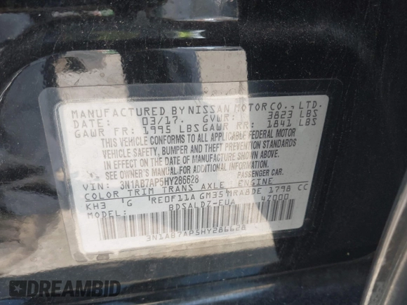 2017 Nissan Sentra S with VIN 3N1AB7AP5HY286628, listed as a IAAI auction lot 42489256 with 140,029 mi miles and . Bid and sale history available at DreamBid. Image 9.