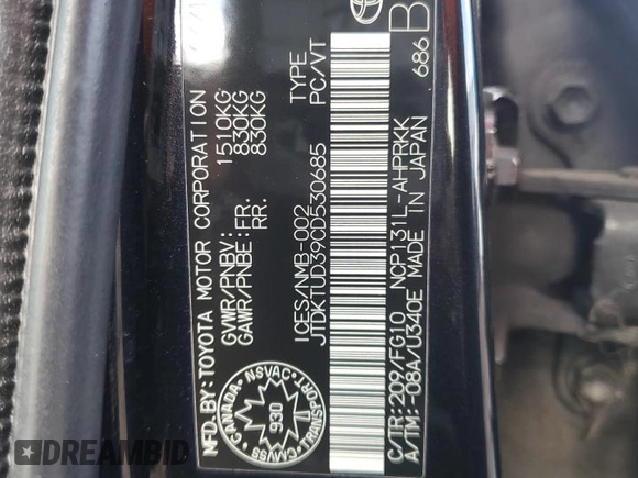 2012 Toyota Yaris L with VIN JTDKTUD39CD530685, listed as a Copart auction lot 53840085 with Not Provided miles and Salvage Title. Bid and sale history available at DreamBid. Image 12.
