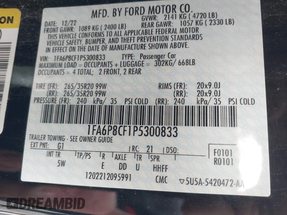 2023 Ford Mustang GT z VIN 1FA6P8CF1P5300833, wystawiony jako IAAI lot #42253780 z przebiegiem 31 868 mil mil oraz . Historia ofert i sprzedaży dostępna na DreamBid. Obrazek 9.
