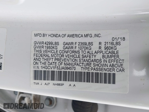 2018 Honda Accord EX-L z VIN 1HGCV1F52JA084570, wystawiony jako IAAI lot #41956686 z przebiegiem 87 683 mil mil oraz . Historia ofert i sprzedaży dostępna na DreamBid. Obrazek 9.