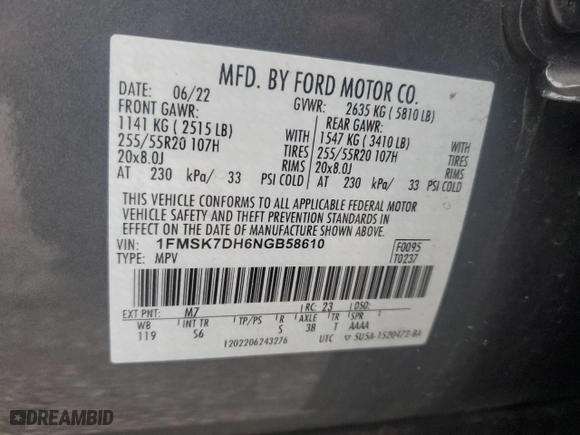 2022 Ford Explorer XLT with VIN 1FMSK7DH6NGB58610, listed as a Copart auction lot 44392125 with 20,190 mi miles and Salvage Title. Bid and sale history available at carsss.com. Image 14.
