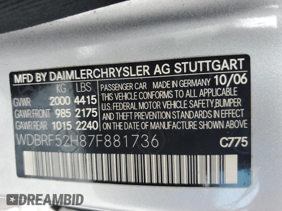 2007 Mercedes-Benz C 230 Sport с VIN WDBRF52H87F881736, выставлен на аукционе Copart как лот 59586375 с пробегом 144 476 миль миль и На запчасти • Non repairable. История ставок и продаж доступна на DreamBid. Изображение 13.