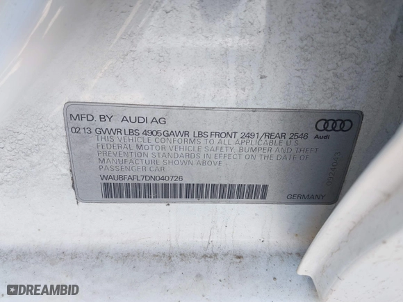 2013 Audi A4 Premium with VIN WAUBFAFL7DN040726, listed as a IAAI auction lot 41816718 with 115,661 mi miles. Bid and sale history available at carsss.com. Image 9.