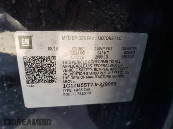 2018 Chevrolet Malibu LS with VIN 1G1ZB5ST7JF279069, listed as a Copart auction lot 74306103 with 78,204 mi miles and Salvage Title. Bid and sale history available at DreamBid. Image 12.