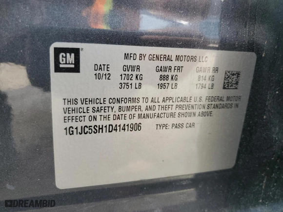 2013 Chevrolet Sonic LT with VIN 1G1JC5SH1D4141906, listed as a Copart auction lot 51786685 with 180,937 mi miles and Salvage Title. Bid and sale history available at carsss.com. Image 13.