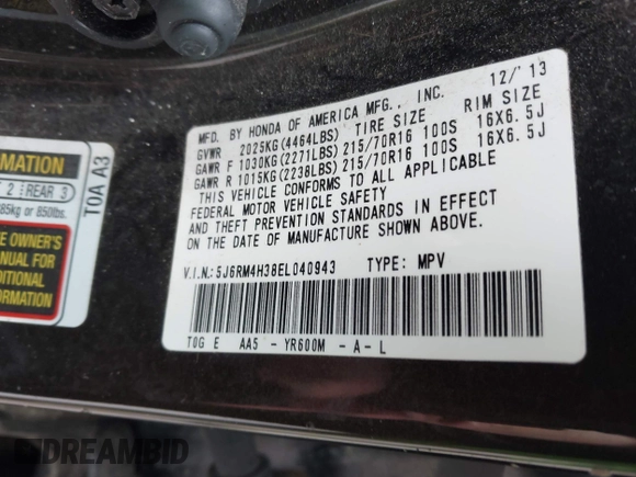 2014 Honda CR-V LX with VIN 5J6RM4H38EL040943, listed as a IAAI auction lot 42028677 with 152,657 mi miles. Bid and sale history available at carsss.com. Image 9.