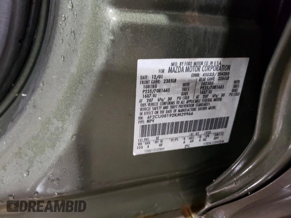 2002 Mazda Tribute LX with VIN 4F2CU08192KM29966, listed as a Copart auction lot 79458124 with 186,406 mi miles and Salvage Title. Bid and sale history available at carsss.com. Image 13.