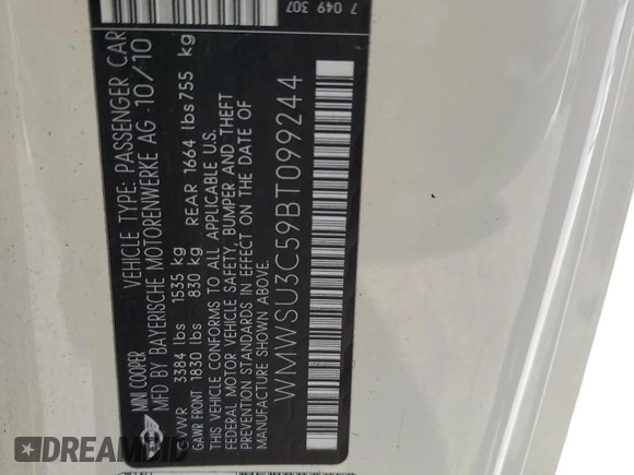 2011 MINI Hardtop с VIN WMWSU3C59BT099244, выставлен на аукционе Copart как лот 43682064 с пробегом 168 133 миль миль и Чистый • Clean title. История ставок и продаж доступна на DreamBid. Изображение 12.