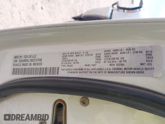 2022 Ram 2500 Tradesman z VIN 3C6UR5HL1NG213746, wystawiony jako IAAI lot #41917608 z przebiegiem 133 775 mil mil oraz . Historia ofert i sprzedaży dostępna na DreamBid. Obrazek 9.