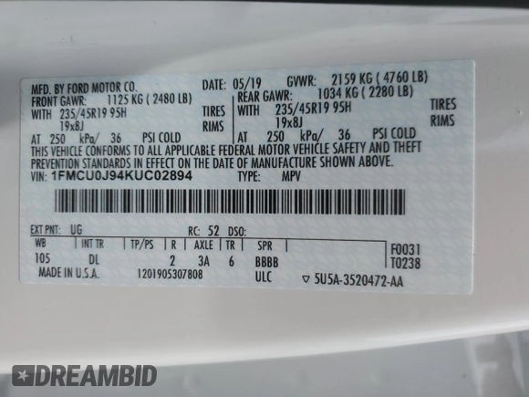 2019 Ford Escape Titanium with VIN 1FMCU0J94KUC02894, listed as a Copart auction lot 55352225 with 67,926 mi miles and Salvage title. Bid and sale history available at DreamBid. Image 12.