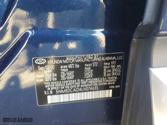 2020 Hyundai Santa Fe SE with VIN 5NMS2CAD4LH274635, listed as a Copart auction lot 49571785 with 37,125 mi miles and Non Repairable. Bid and sale history available at carsss.com. Image 15.