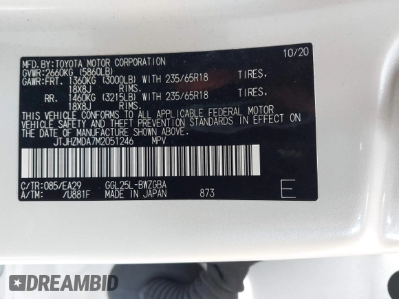 2021 Lexus RX 350 with VIN JTJHZMDA7M2051246, listed as a IAAI auction lot 42048298 with 43,146 mi miles and . Bid and sale history available at DreamBid. Image 9.