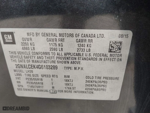 2016 Chevrolet Equinox LT with VIN 2GNALCEK4G6103289, listed as a IAAI auction lot 41885574 with 134,743 mi miles. Bid and sale history available at carsss.com. Image 9.