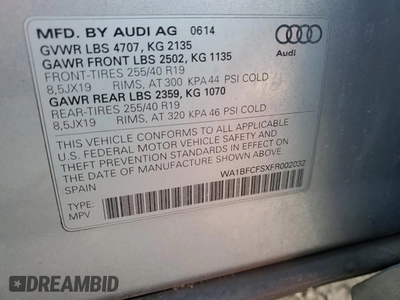 2015 Audi Q3 Premium Plus with VIN WA1BFCFSXFR002032, listed as a Copart auction lot 45018675 with 157,989 mi miles and Clean title. Bid and sale history available at DreamBid. Image 12.