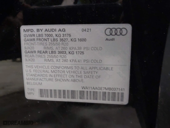 2021 Audi e-tron Sportback S line Premium with VIN WA11AAGE7MB037141, listed as a IAAI auction lot 41787822 with 31,834 mi miles. Bid and sale history available at carsss.com. Image 9.