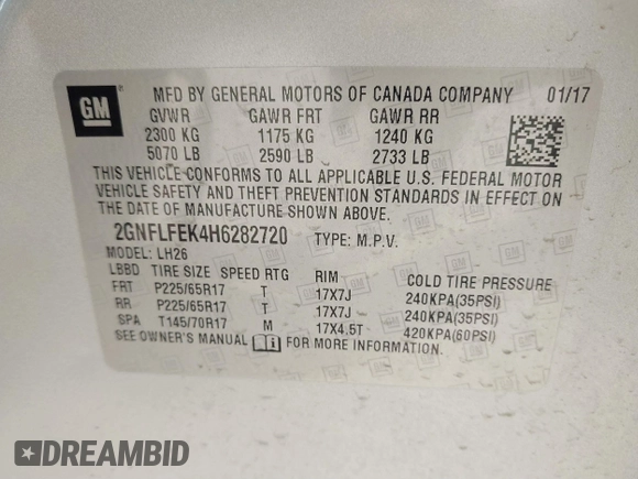 2017 Chevrolet Equinox LT with VIN 2GNFLFEK4H6282720, listed as a IAAI auction lot 41830490 with 131,275 mi miles and . Bid and sale history available at DreamBid. Image 9.