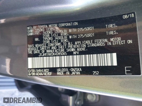 2019 Lexus LX 570 with VIN JTJHY7AX2K4285065, listed as a IAAI auction lot 41483475 with 82,388 mi miles and . Bid and sale history available at DreamBid. Image 9.