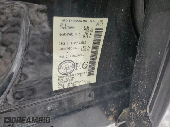 2012 Nissan Titan SV with VIN 1N6AA0EC2CN300437, listed as a Copart auction lot 82099614 with 108,291 mi miles and Clean Title. Bid and sale history available at carsss.com. Image 12.