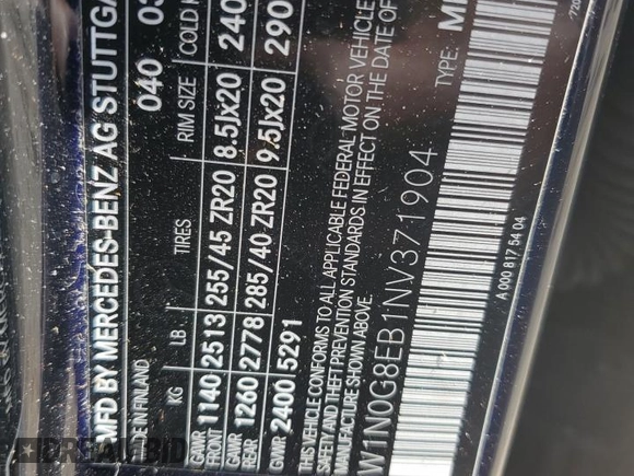 2022 Mercedes-Benz GLC 300 z VIN W1N0G8EB1NV371904, wystawiony jako Copart lot #56393595 z przebiegiem Nie podano mil oraz Nie do naprawy • Non repairable. Historia ofert i sprzedaży dostępna na DreamBid. Obrazek 14.
