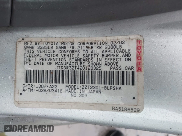 2002 Toyota Celica GT z VIN JTDDR32T420128325, wystawiony jako IAAI lot #41415924 z przebiegiem 256 994 mil mil oraz . Historia ofert i sprzedaży dostępna na DreamBid. Obrazek 9.