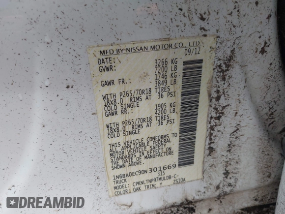 2013 Nissan Titan PRO-4X with VIN 1N6BA0EC9DN301669, listed as a IAAI auction lot 41868397 with 171,085 mi miles. Bid and sale history available at carsss.com. Image 9.