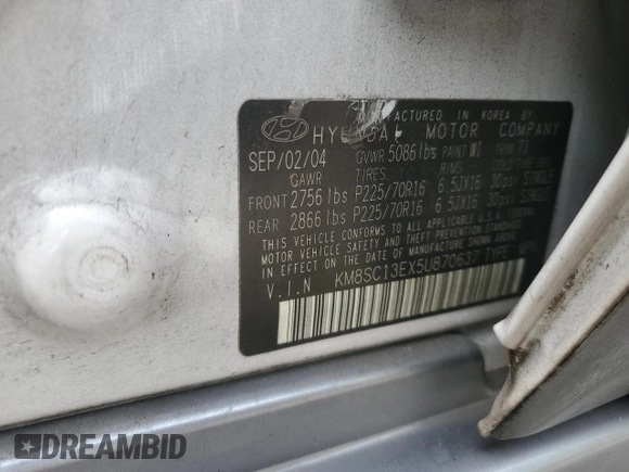 2005 Hyundai Santa Fe GLS with VIN KM8SC13EX5U870637, listed as a Copart auction lot 50283575 with 135,060 mi miles and Salvage Title. Bid and sale history available at carsss.com. Image 15.