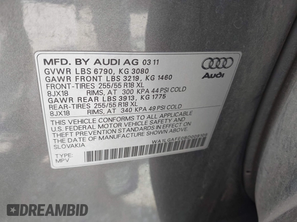 2011 Audi Q7 Premium Plus z VIN WA1LGAFE0BD009109, wystawiony jako IAAI lot #42133125 z przebiegiem 186 352 mil mil oraz . Historia ofert i sprzedaży dostępna na DreamBid. Obrazek 9.