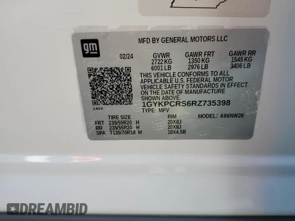 2024 Cadillac XT6 FWD Premium Luxury with VIN 1GYKPCRS6RZ735398, listed as a Copart auction lot 73658144 with 0 mi miles and Salvage Title. Bid and sale history available at carsss.com. Image 14.