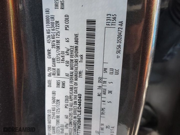 2020 Ford Super Duty F-250 SRW XL with VIN 1FT7W2B67LED44040, listed as a Copart auction lot 44497875 with 0 mi miles and Salvage Title. Bid and sale history available at carsss.com. Image 14.